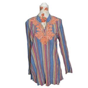 Soft Surroundings Sz L Cabana Cotton Tunic Long Sleeve Slimming Embroidered Top
